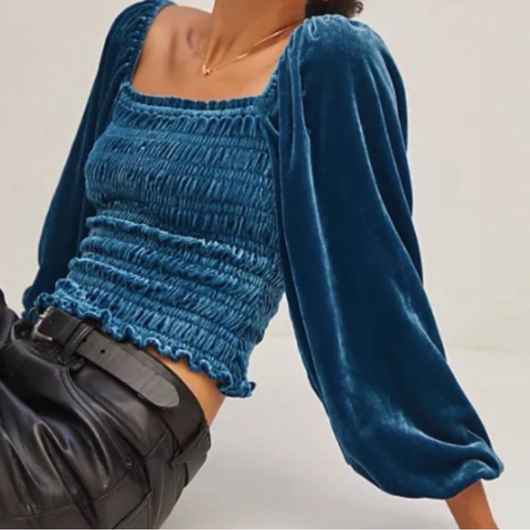 Anthropologie Tops - Anthropologie Blue Puff Sleeved Velvet Long Sleeve Blouse size Medium